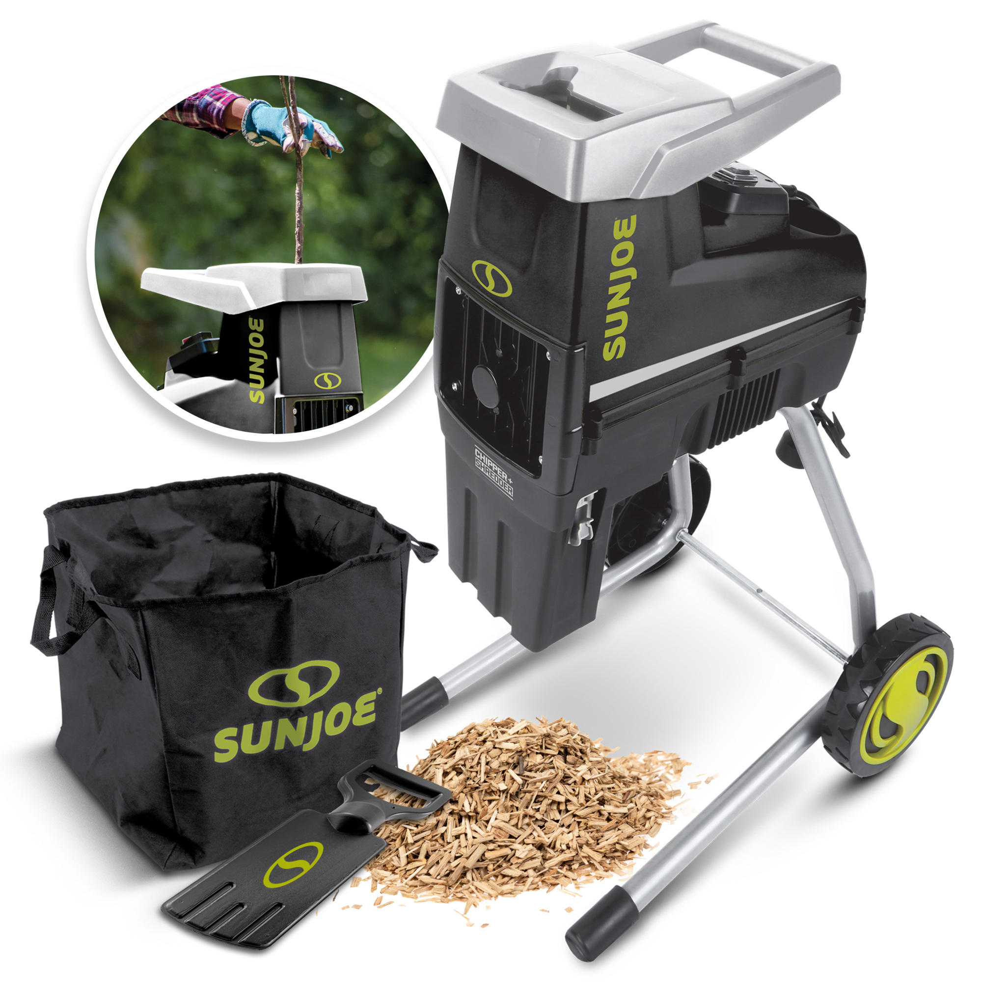 Sun Joe Silent Electric Wood Chipper + Shredder — 1.7in. Cutting Diameter, 15-Amp, Collection Bag, Model# CJ603E